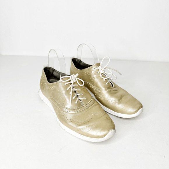 Cole Haan ZERO GRAND Gold Metallic Wingtip Leather Oxford womens lace up 10.5 - Picture 1 of 8